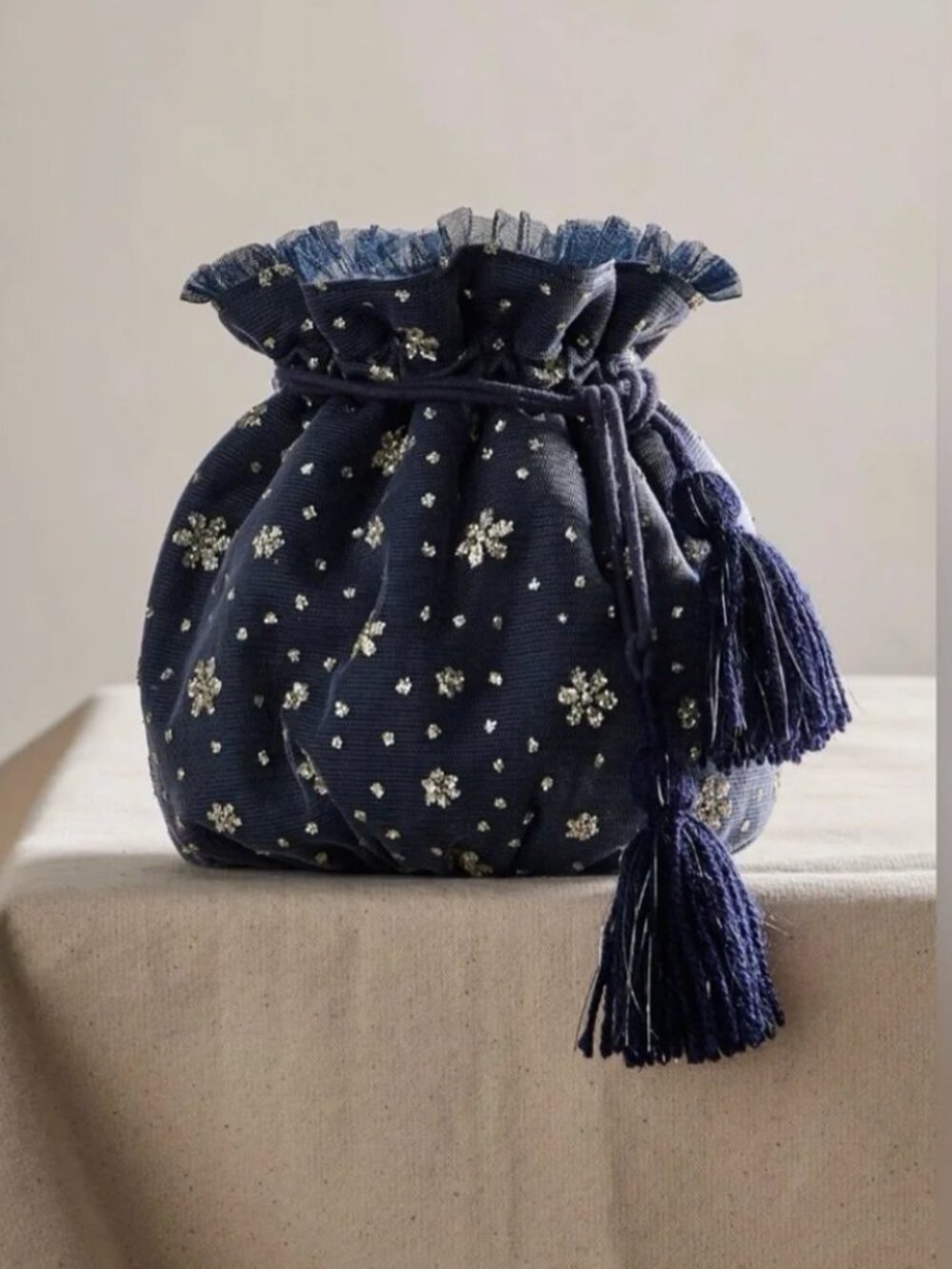 NWT Free People Seasons Sparkle Mini Gift Sack in Navy/Silver